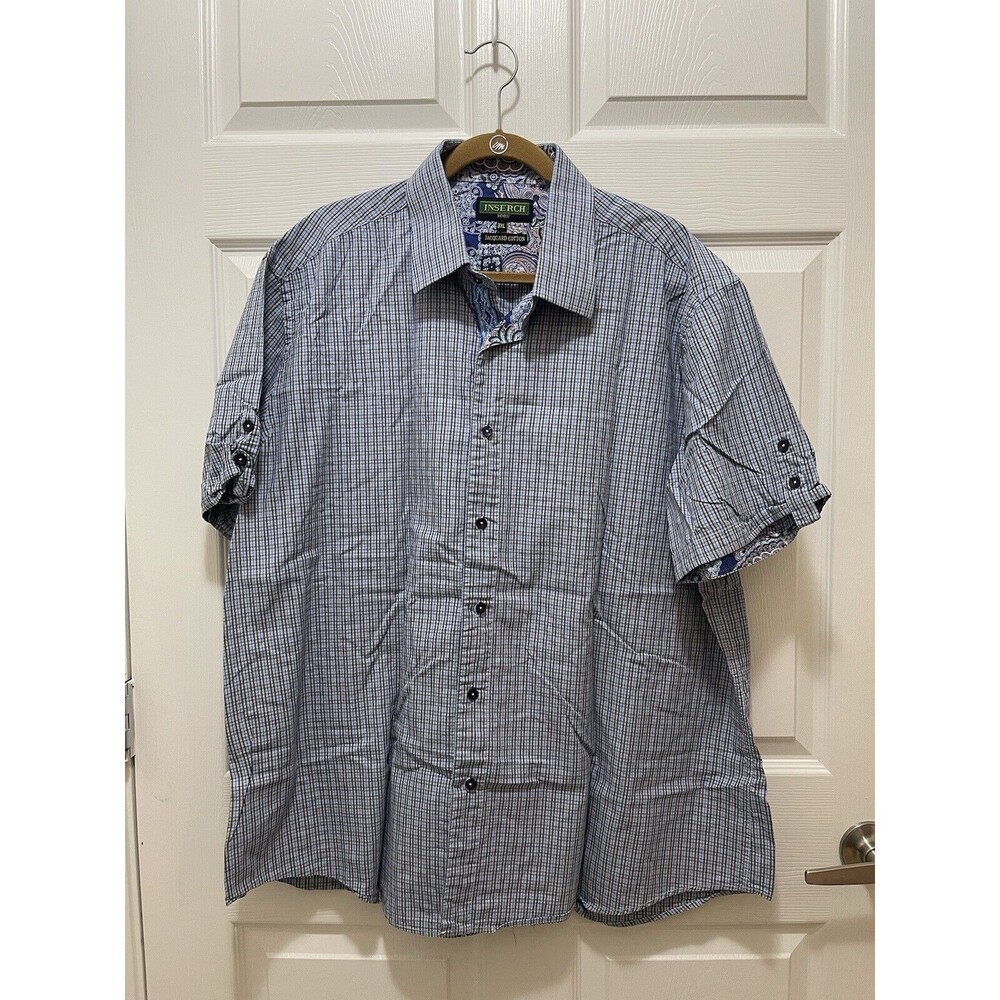 Mens Button Shirt 3XL XXXL Short Sleeve Plaid Jaquard Cotton Inserch Icon